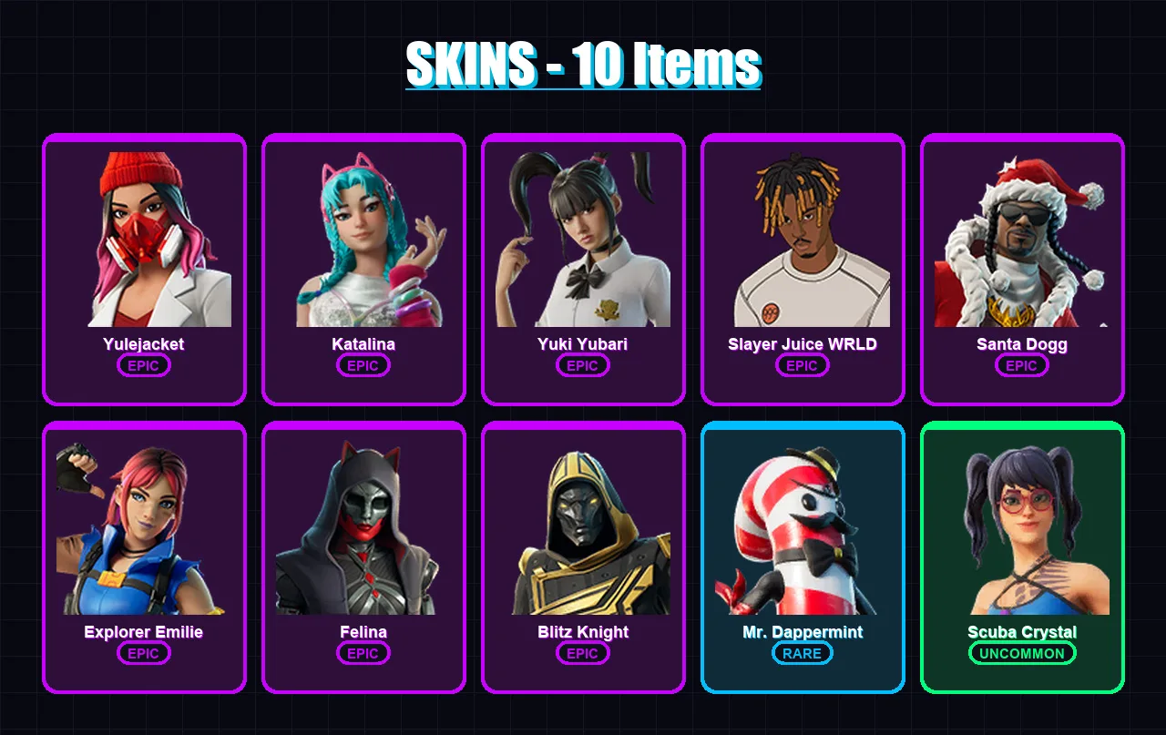 [PC/XBOX/PSN] | Yulejacket | Katalina | Yuki Yubari | Slayer Juice WRLD | Santa Dogg | 10 skin | 71 pickaxe | 31 emote | 45 glider | Lv1661