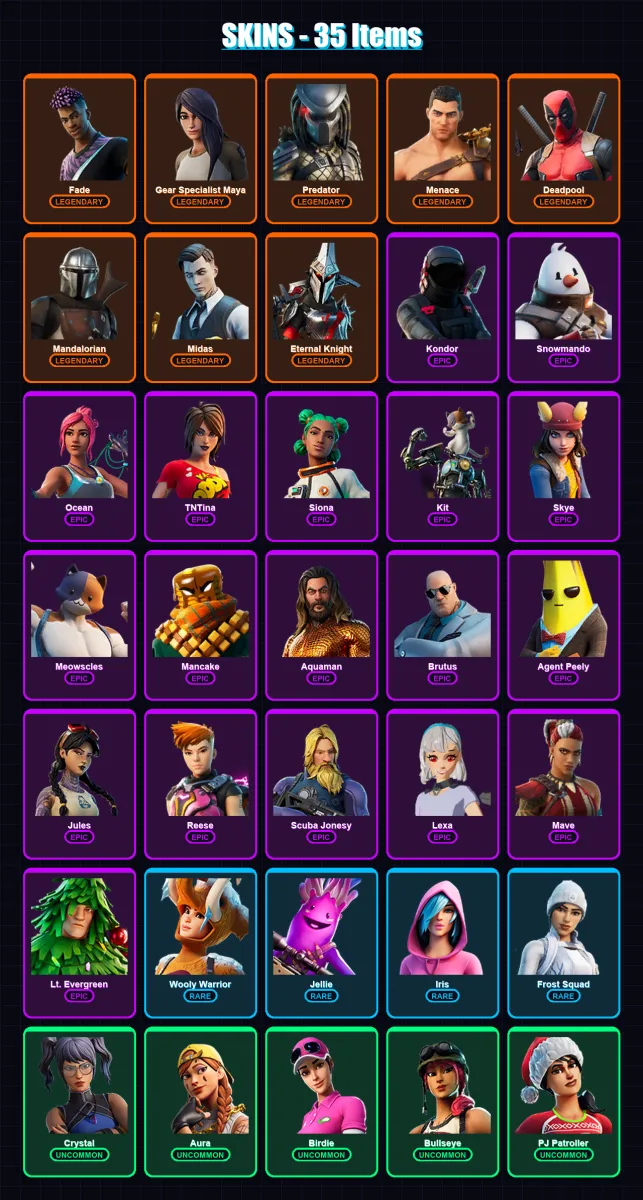 [PS4/PS5/XBOX/PC] | Fade | Gear Specialist Maya | Predator | Menace | Deadpool | 35 skin | 37 pickaxe | 60 emote | 41 glider | Lv666