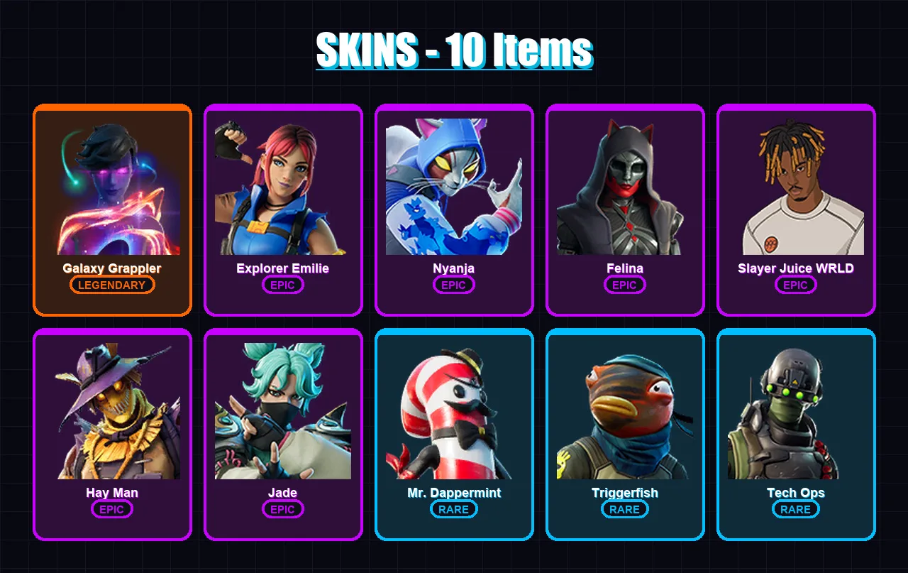 [PC/XBOX/PSN] | Galaxy Grappler | Explorer Emilie | Nyanja | Felina | Slayer Juice WRLD | 10 skin | 15 pickaxe | 10 emote | 14 glider | Lv186