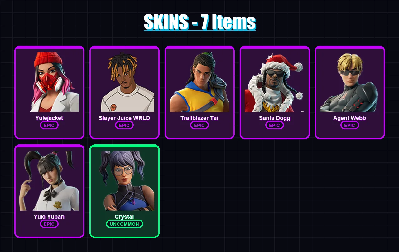 [PC] | Yulejacket | Slayer Juice WRLD | Trailblazer Tai | Santa Dogg | Agent Webb | 7 skin | 50 pickaxe | 21 emote | 35 glider | Lv444