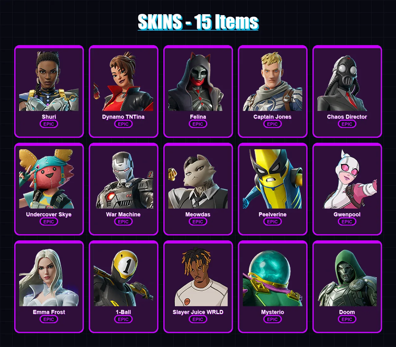 [PC/XBOX/PSN] | Shuri | Dynamo TNTina | Felina | Captain Jones | Chaos Director | 15 skin | 27 pickaxe | 19 emote | 21 glider | Lv313