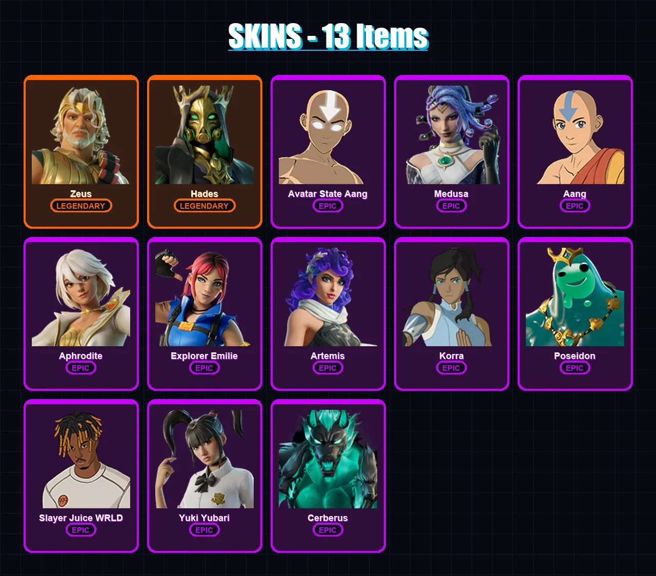 [SWITCH/XBOX/PSN/PC] | Zeus | Hades | Avatar State Aang | Medusa | Aang | 13 skin | 31 pickaxe | 23 emote | 15 glider | Lv370