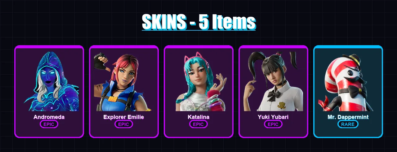 [PC/PSN] | Andromeda | Explorer Emilie | Katalina | Yuki Yubari | Mr. Dappermint | 5 skin | 12 pickaxe | 5 emote | 7 glider | Lv147
