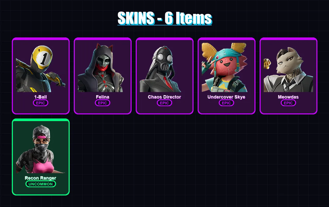 [PC/XBOX/PSN] | 1-Ball | Felina | Chaos Director | Undercover Skye | Meowdas | 6 skin | 25 pickaxe | 11 emote | 13 glider | Lv139