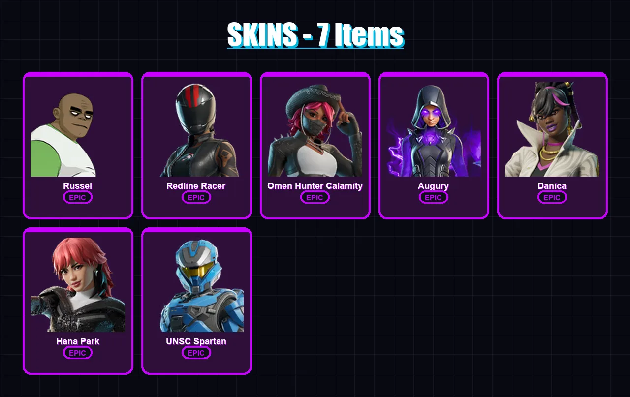 [PC/XBOX/PSN] | Russel | Redline Racer | Omen Hunter Calamity | Augury | Danica | 7 skin | 4 pickaxe | 2 emote | 1 glider | Lv3