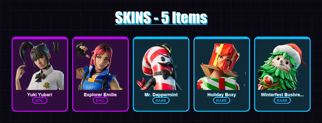 [PC/XBOX] | Yuki Yubari | Explorer Emilie | Mr. Dappermint | Holiday Boxy | Winterfest Bushranger | 5 skin | 4 pickaxe | 1 emote | 5 glider | Lv36