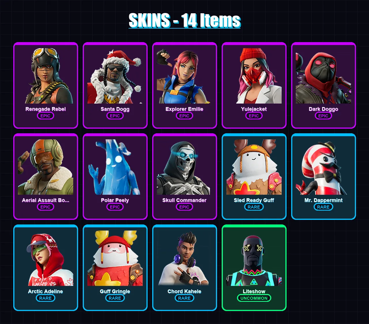 [PC/XBOX/PSN] | Renegade Rebel | Santa Dogg | Explorer Emilie | Yulejacket | Dark Doggo | 14 skin | 33 pickaxe | 20 emote | 31 glider | Lv387