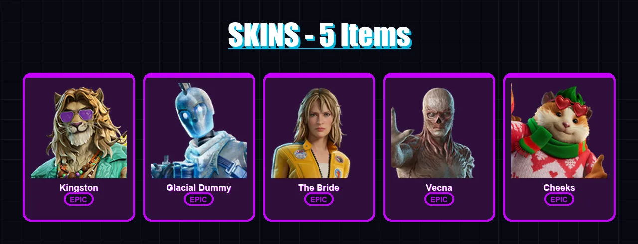 [PC/XBOX/PSN] | Kingston | Glacial Dummy | The Bride | Vecna | Cheeks | 5 skin | 26 pickaxe | 11 emote | 18 glider | Lv204