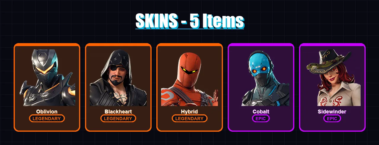 [PC/XBOX/PSN] | Oblivion | Blackheart | Hybrid | Cobalt | Sidewinder | 5 skin | 6 pickaxe | 19 emote | 14 glider | Lv194