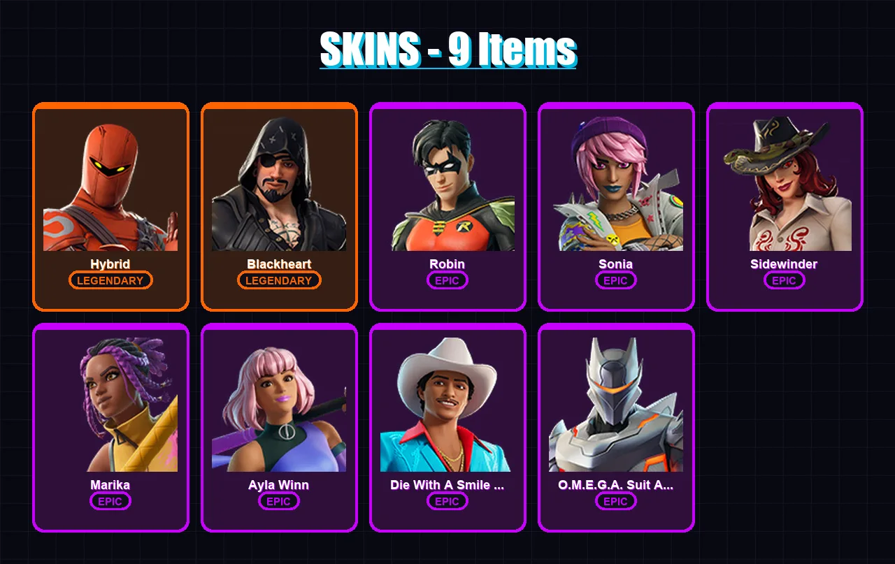 [PC/XBOX/PSN] | Hybrid | Blackheart | Robin | Sonia | Sidewinder | 9 skin | 10 pickaxe | 7 emote | 2 glider | Lv72