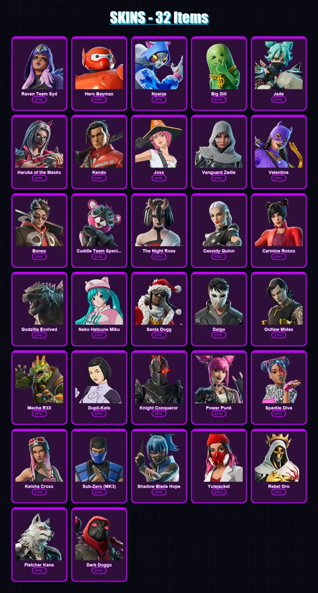 [PC/XBOX/PSN] | Raven Team Syd | Hero Baymax | Nyanja | Big Dill | Jade | 32 skin | 47 pickaxe | 37 emote | 31 glider | Lv598 — Fortnite account