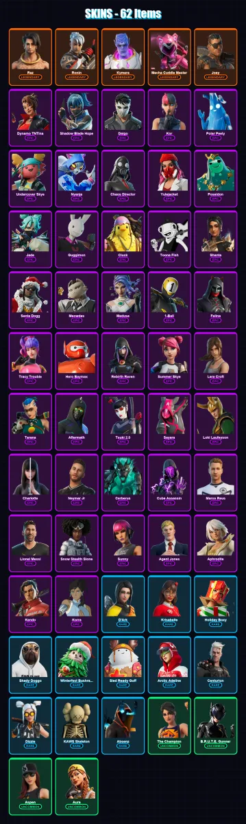 [PS4/PS5/XBOX/PC] | Raz | Ronin | Kymera | Mecha Cuddle Master | Joey | 62 skin | 83 pickaxe | 42 emote | 60 glider | Lv675