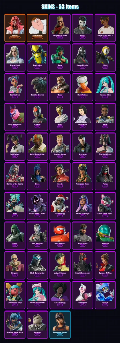 [PS4/PS5/PC] | Valeria | Peter Griffin | Vengeance Jones | Daigo | Slayer Juice WRLD | 53 skin | 95 pickaxe | 66 emote | 60 glider | Lv945