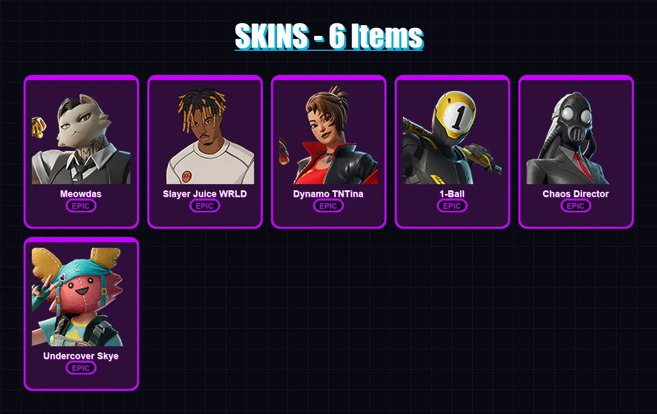 [PC/XBOX/PSN] | Meowdas | Slayer Juice WRLD | Dynamo TNTina | 1-Ball | Chaos Director | 6 skin | 23 pickaxe | 9 emote | 10 glider | Lv112