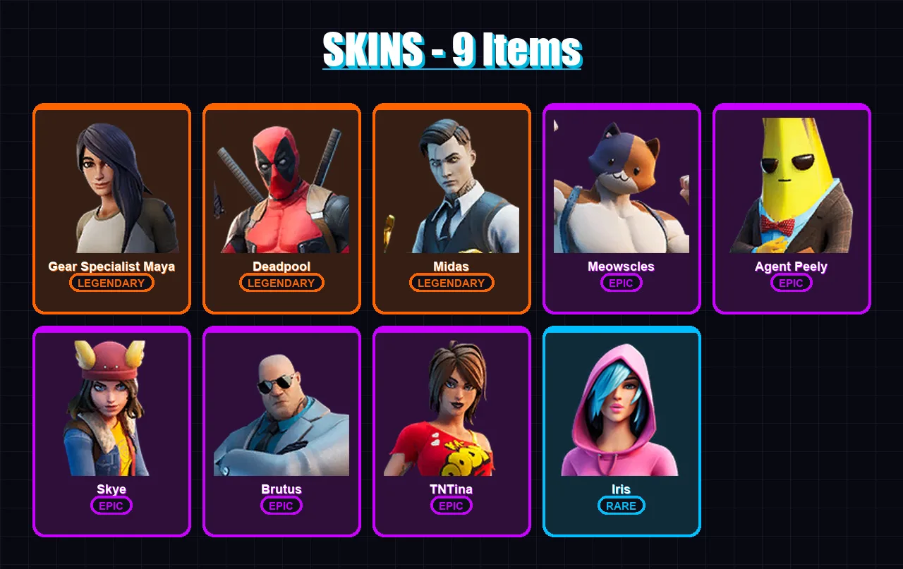 [PS4/PS5/XBOX/PC] | Gear Specialist Maya | Deadpool | Midas | Meowscles | Agent Peely | 9 skin | 11 pickaxe | 19 emote | 13 glider | Lv272