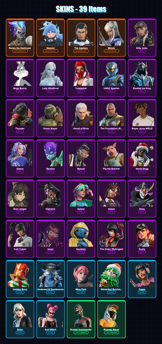 [PC/PSN] | Renzo the Destroyer | Nezumi | The Ageless | Mizuki | Elite Jules | 39 skin | 109 pickaxe | 57 emote | 78 glider | Lv1363