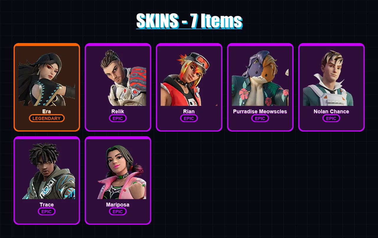 [PC/XBOX/PSN] | Era | Relik | Rian | Purradise Meowscles | Nolan Chance | 7 skin | 8 pickaxe | 9 emote | 13 glider | Lv86
