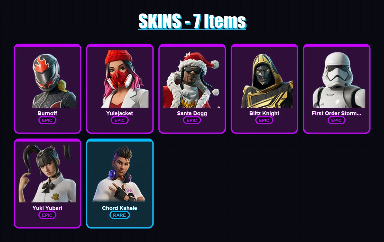 [PC/XBOX/PSN] | Burnoff | Yulejacket | Santa Dogg | Blitz Knight | First Order Stormtrooper | 7 skin | 36 pickaxe | 15 emote | 28 glider | Lv282