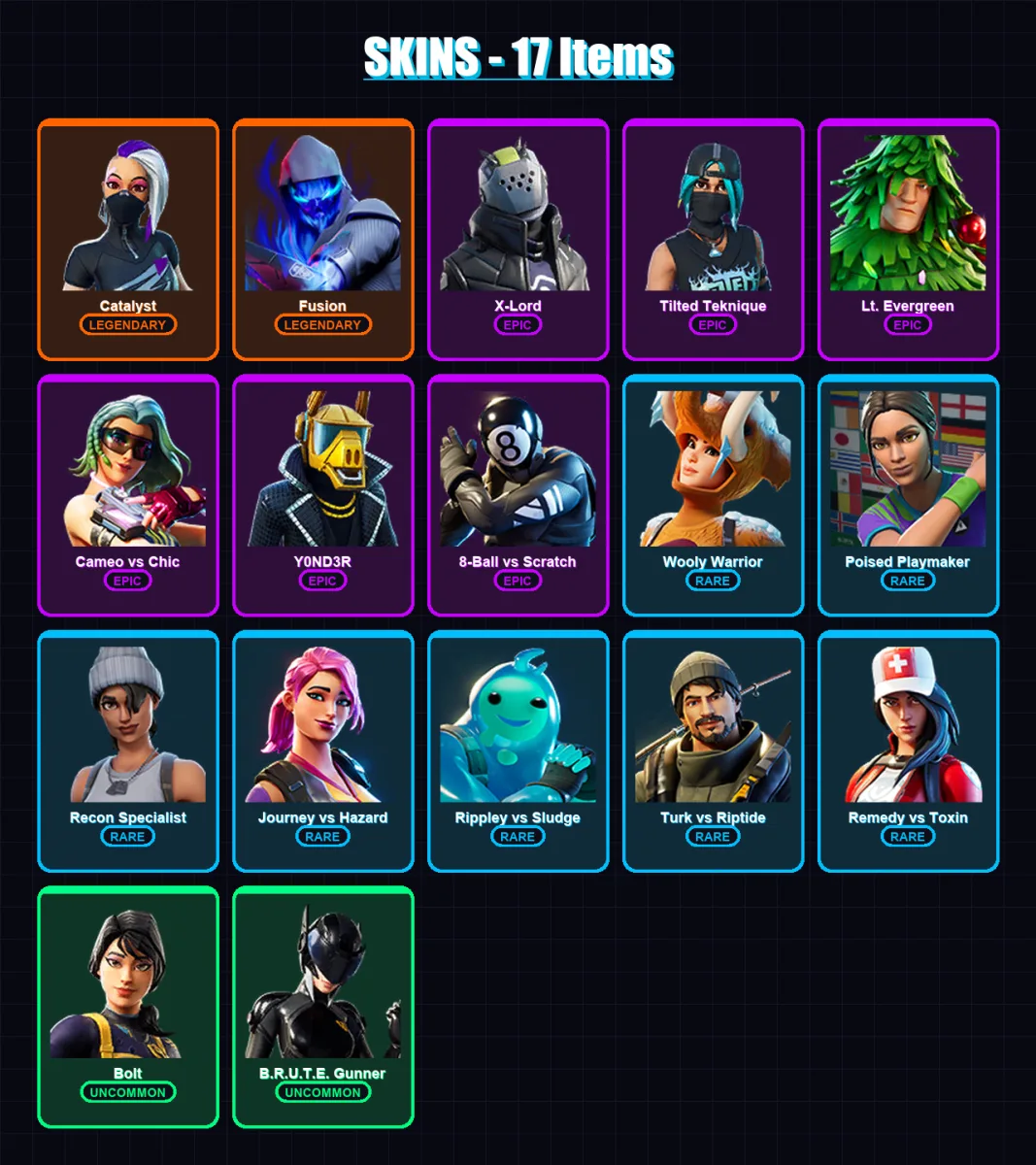 [PC/XBOX/PSN] | Catalyst | Fusion | X-Lord | Tilted Teknique | Lt. Evergreen | 17 skin | 26 pickaxe | 35 emote | 26 glider | Lv579