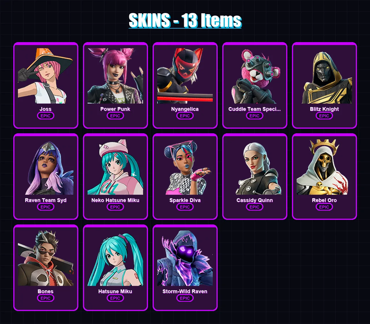 [PC/XBOX/PSN] | Joss | Power Punk | Nyangelica | Cuddle Team Specialist | Blitz Knight | 13 skin | 13 pickaxe | 14 emote | 8 glider | Lv42