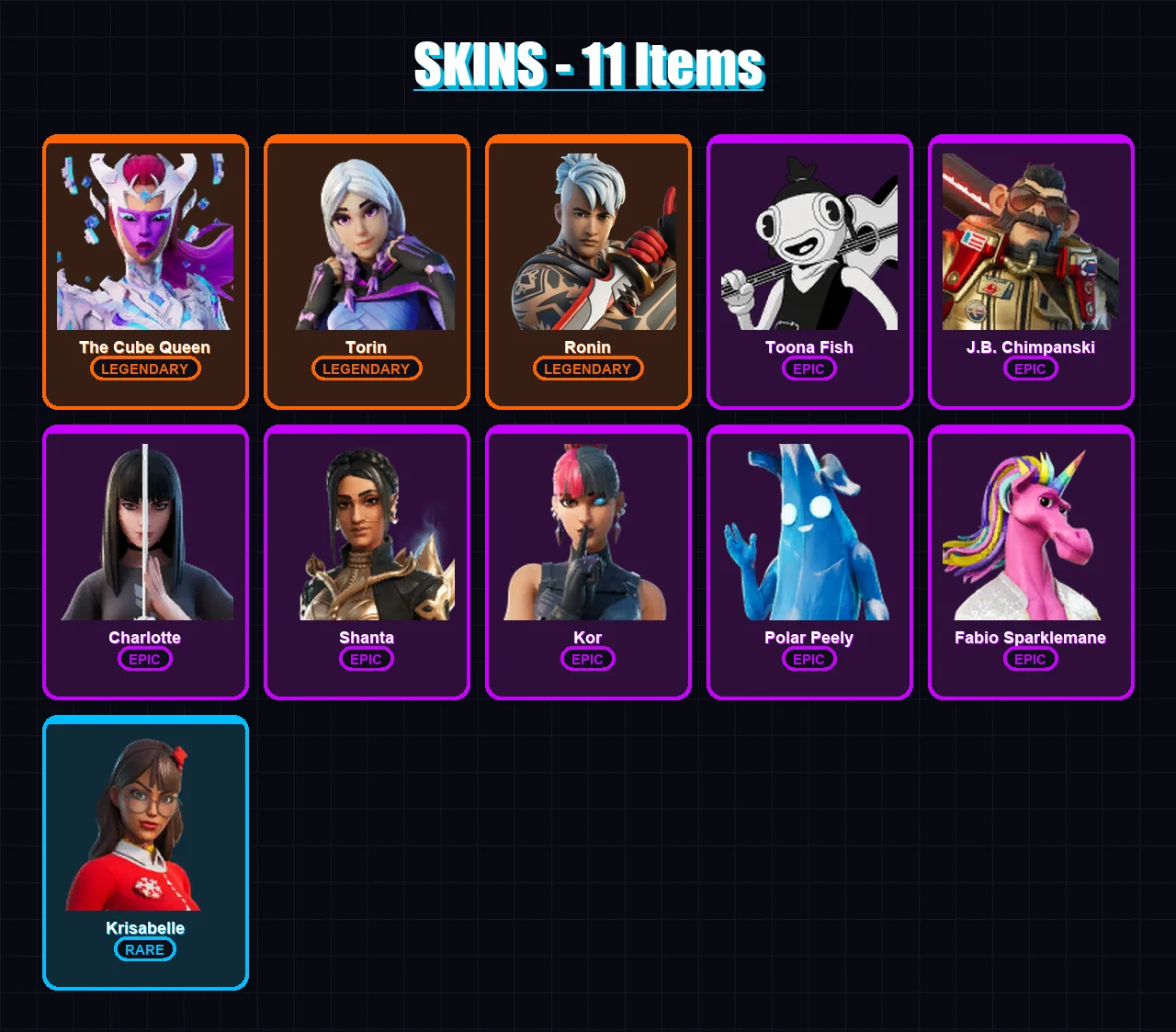 [PC/XBOX/PSN] | The Cube Queen | Torin | Ronin | Toona Fish | J.B. Chimpanski | 11 skin | 17 pickaxe | 18 emote | 17 glider | Lv279 — Fortnite account