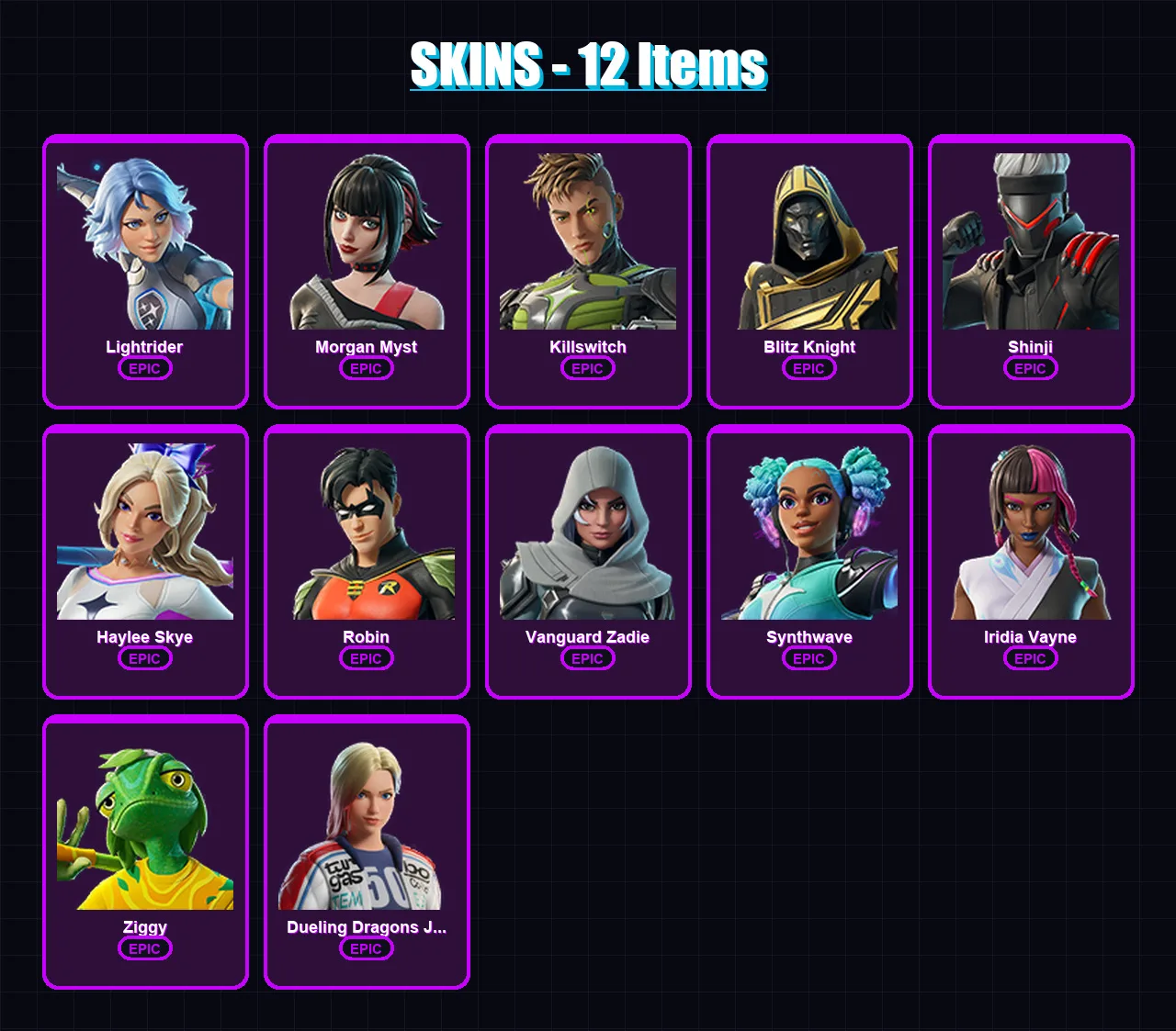 [PS4/PS5/XBOX/PC] | Lightrider | Morgan Myst | Killswitch | Blitz Knight | Shinji | 12 skin | 32 pickaxe | 18 emote | 20 glider | Lv336