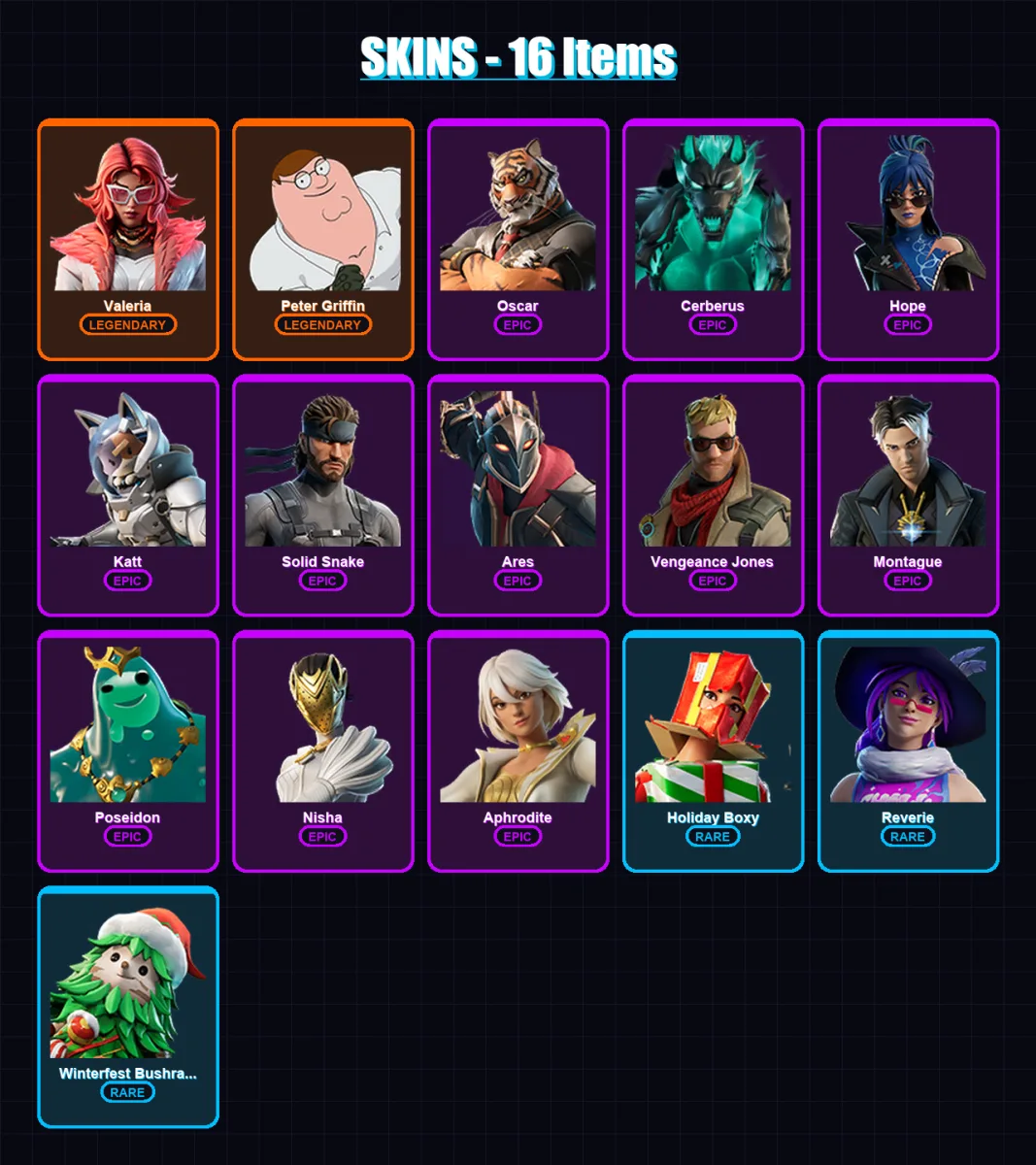 [PC/XBOX/PSN] | Valeria | Peter Griffin | Oscar | Cerberus | Hope | 16 skin | 17 pickaxe | 15 emote | 14 glider | Lv165