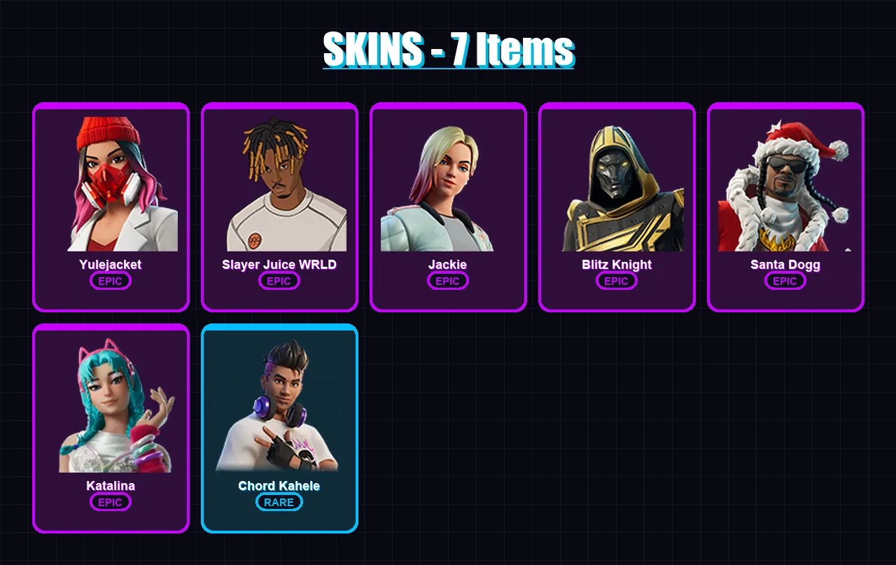 [PS4/PS5/XBOX/PC] | Yulejacket | Slayer Juice WRLD | Jackie | Blitz Knight | Santa Dogg | 7 skin | 35 pickaxe | 12 emote | 23 glider | Lv293