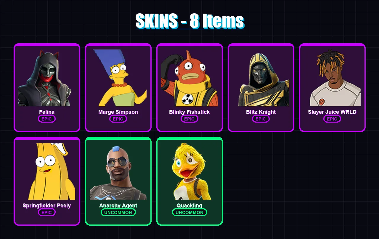 [PC] | Felina | Marge Simpson | Blinky Fishstick | Blitz Knight | Slayer Juice WRLD | 8 skin | 48 pickaxe | 18 emote | 25 glider | Lv545