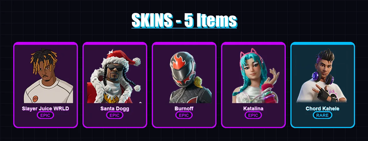 [PC/XBOX/PSN] | Slayer Juice WRLD | Santa Dogg | Burnoff | Katalina | Chord Kahele | 5 skin | 28 pickaxe | 12 emote | 13 glider | Lv156