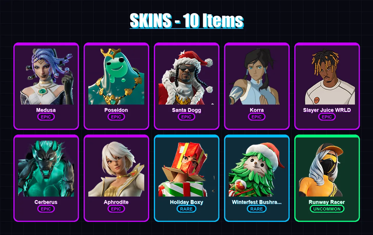 [PC/XBOX/PSN] | Medusa | Poseidon | Santa Dogg | Korra | Slayer Juice WRLD | 10 skin | 27 pickaxe | 16 emote | 20 glider | Lv484