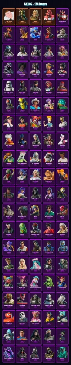 [PC/PSN] | Peter Griffin | Hades | Zeus | Valeria | Dino Megazord | 174 skin | 192 pickaxe | 162 emote | 110 glider | Lv1828