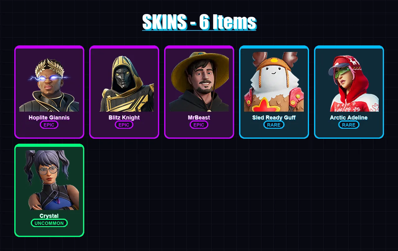[PC/XBOX/PSN] | Hoplite Giannis | Blitz Knight | MrBeast | Sled Ready Guff | Arctic Adeline | 6 skin | 10 pickaxe | 8 emote | 10 glider | Lv76