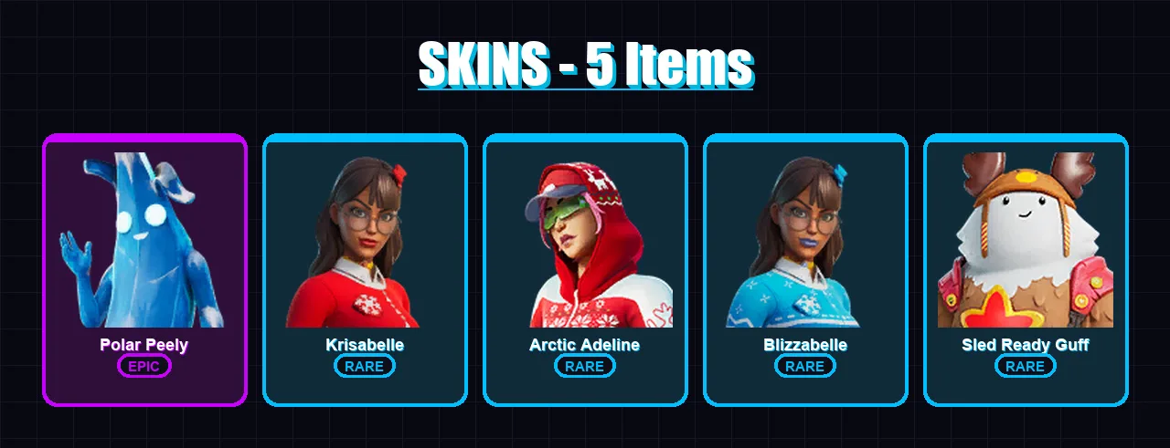 [PC/PSN] | Polar Peely | Krisabelle | Arctic Adeline | Blizzabelle | Sled Ready Guff | 5 skin | 15 pickaxe | 13 emote | 18 glider | Lv203