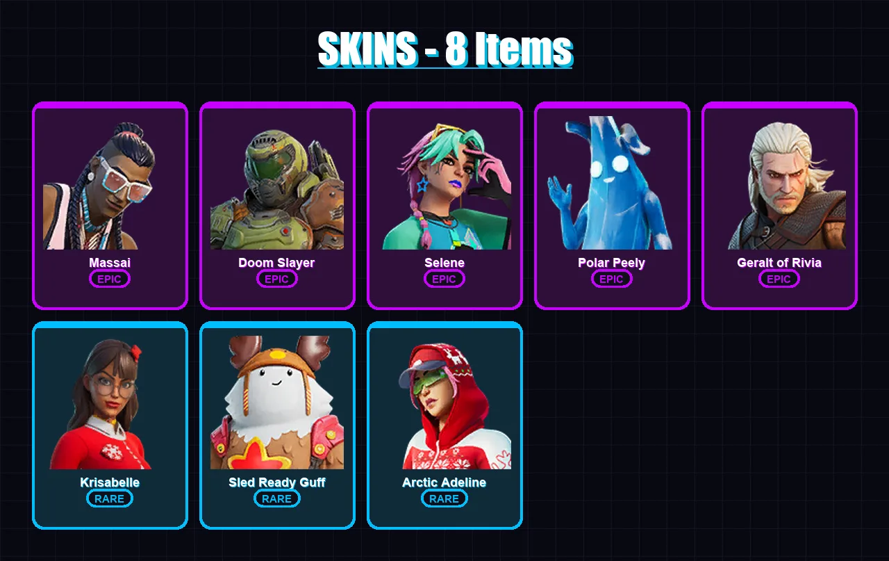 [PC/XBOX/PSN] | Massai | Doom Slayer | Selene | Polar Peely | Geralt of Rivia | 8 skin | 22 pickaxe | 12 emote | 22 glider | Lv178