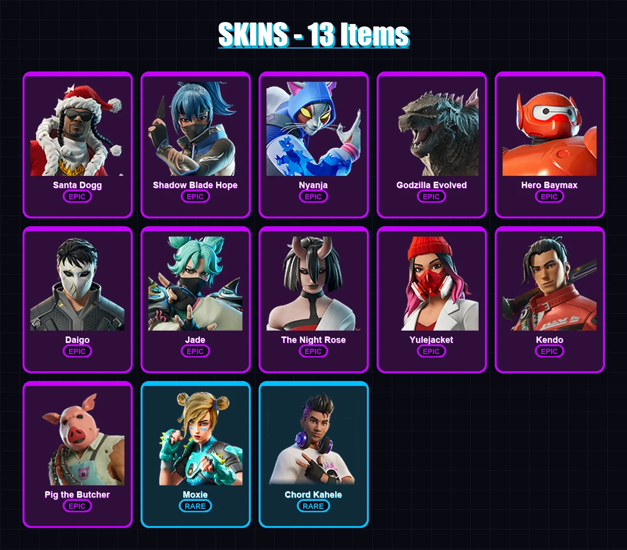 [PC/XBOX/PSN] | Santa Dogg | Shadow Blade Hope | Nyanja | Godzilla Evolved | Hero Baymax | 13 skin | 36 pickaxe | 19 emote | 21 glider | Lv348