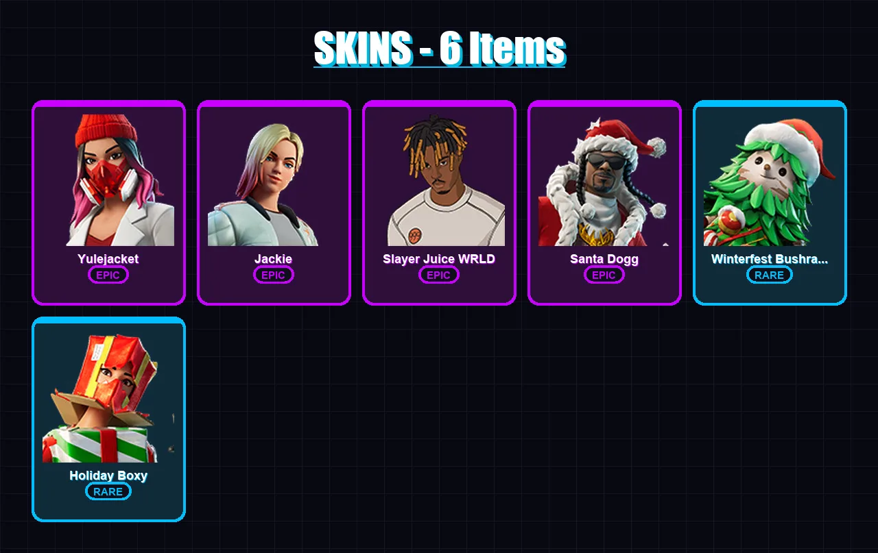 [PC/XBOX] | Yulejacket | Jackie | Slayer Juice WRLD | Santa Dogg | Winterfest Bushranger | 6 skin | 17 pickaxe | 10 emote | 13 glider | Lv304