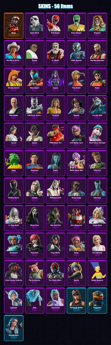 [PC/PSN] | Blaze | Agent Patch | Red Ranger | Green Ranger | Kingston | 56 skin | 77 pickaxe | 62 emote | 34 glider | Lv287