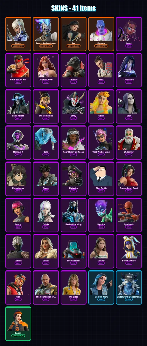 [PC/PSN] | Mizuki | Renzo the Destroyer | Era | Kymera | Imani | 41 skin | 56 pickaxe | 52 emote | 46 glider | Lv703