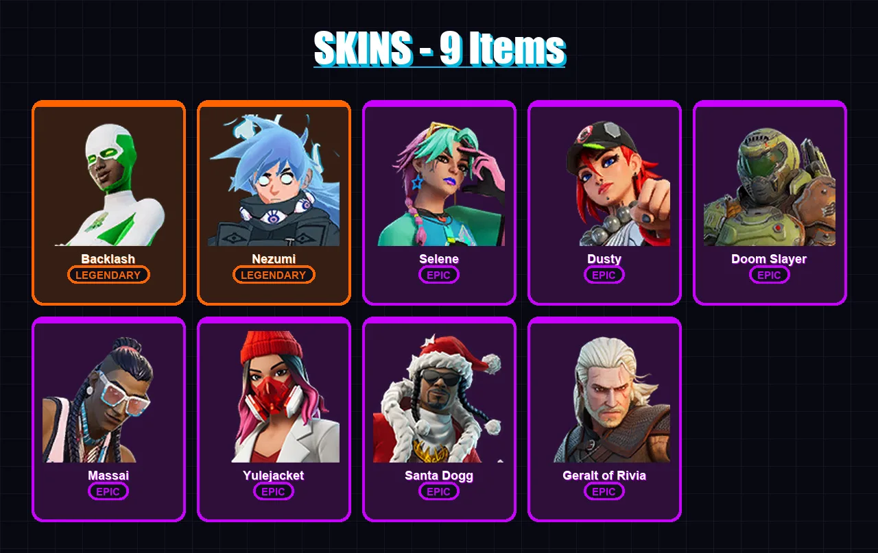 [PS4/PS5/PC] | Backlash | Nezumi | Selene | Dusty | Doom Slayer | 9 skin | 32 pickaxe | 16 emote | 22 glider | Lv277