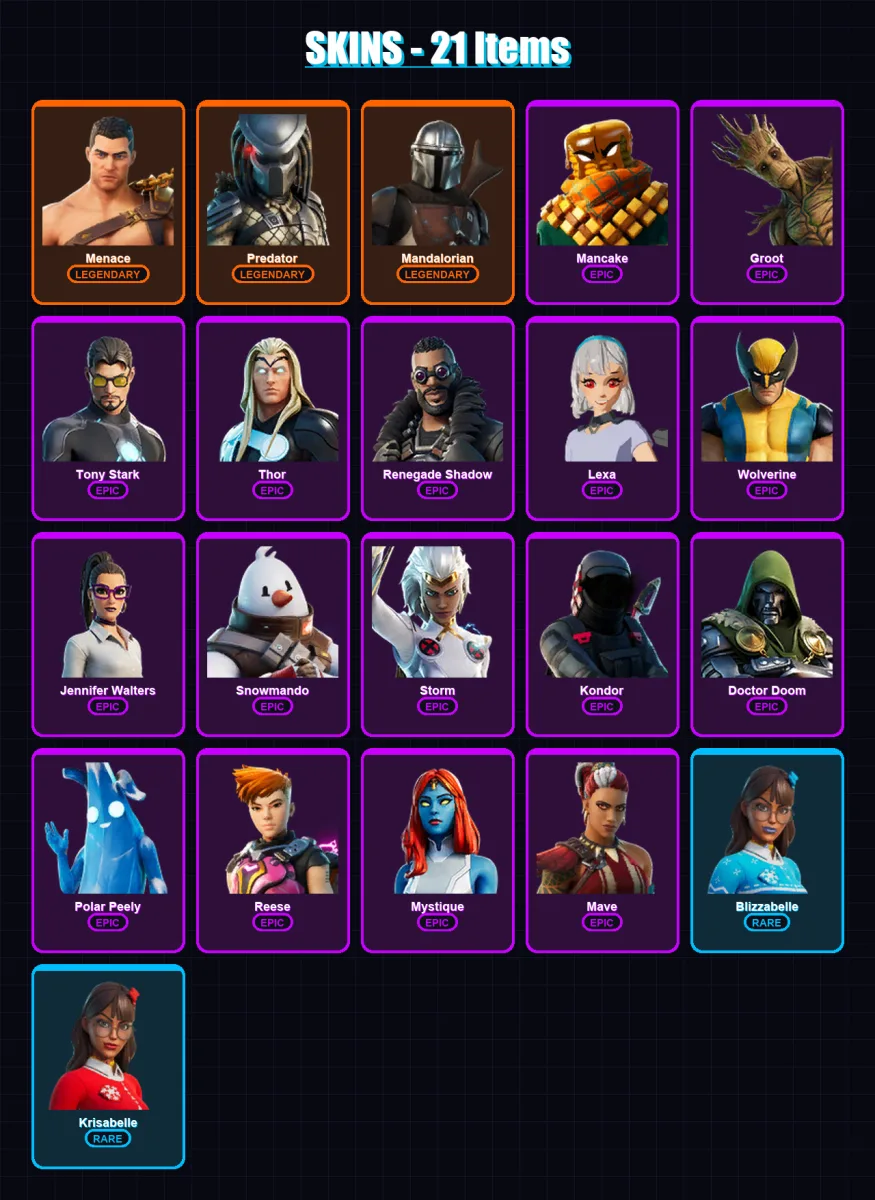 [PS4/PS5/XBOX/PC] | Menace | Predator | Mandalorian | Mancake | Groot | 21 skin | 32 pickaxe | 30 emote | 31 glider | Lv820