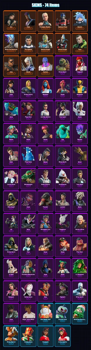 [PS4/PS5/XBOX/PC] | Era | Fade | Paradigm (Reality-659) | Optimus Prime | Nezumi | 74 skin | 116 pickaxe | 74 emote | 111 glider | Lv1627