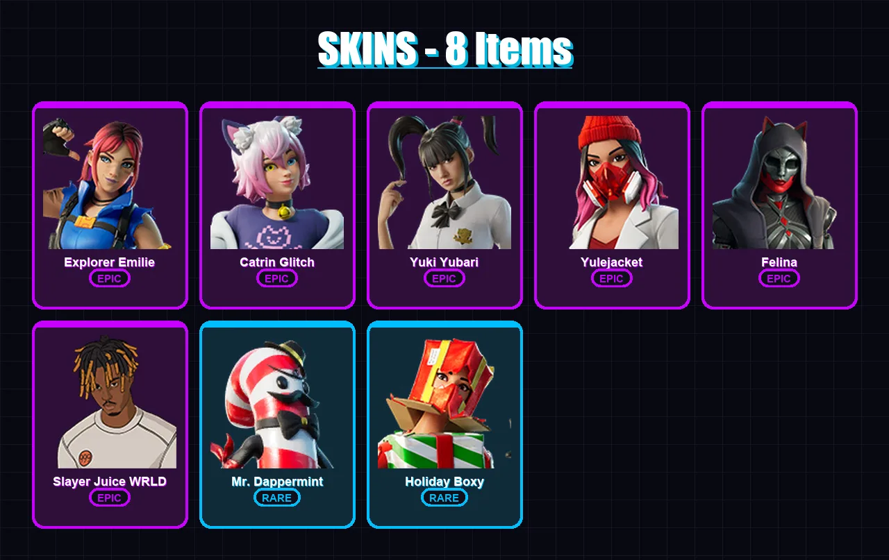 [PC/XBOX/PSN] | Explorer Emilie | Catrin Glitch | Yuki Yubari | Yulejacket | Felina | 8 skin | 34 pickaxe | 14 emote | 23 glider | Lv328