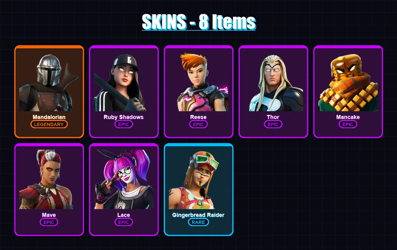 [PC/XBOX/PSN] | Mandalorian | Ruby Shadows | Reese | Thor | Mancake | 8 skin | 7 pickaxe | 13 emote | 10 glider | Lv83