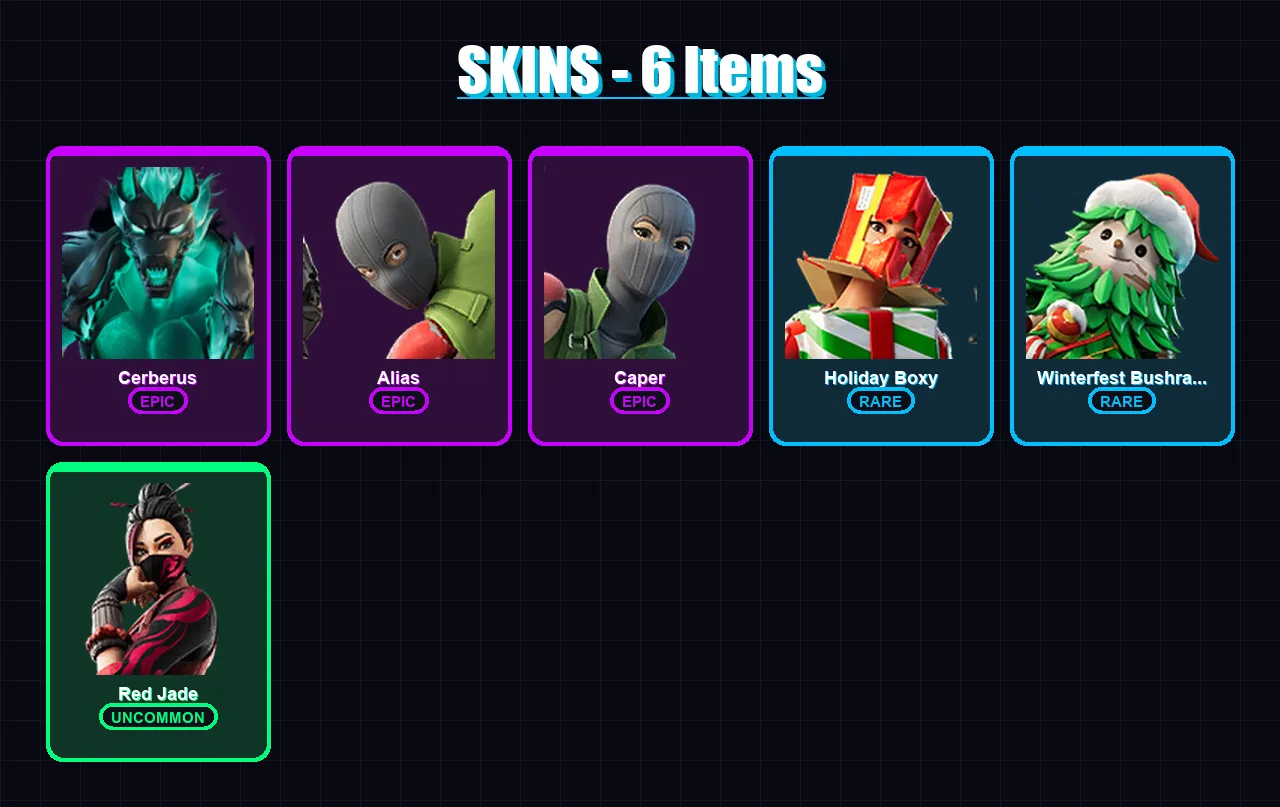 [PC/XBOX/PSN] | Cerberus | Alias | Caper | Holiday Boxy | Winterfest Bushranger | 6 skin | 18 pickaxe | 16 emote | 17 glider | Lv242