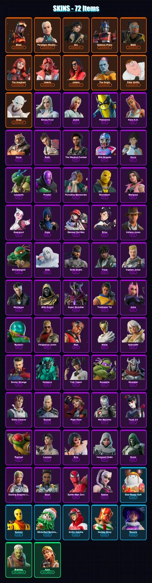 [PC/XBOX/PSN] | Blaze | Paradigm (Reality-659) | Era | Optimus Prime | Malik | 72 skin | 110 pickaxe | 81 emote | 88 glider | Lv1314