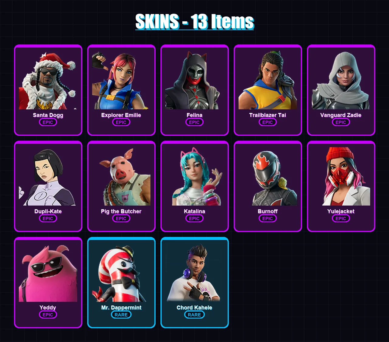[PC/XBOX/PSN] | Santa Dogg | Explorer Emilie | Felina | Trailblazer Tai | Vanguard Zadie | 13 skin | 48 pickaxe | 22 emote | 30 glider | Lv424