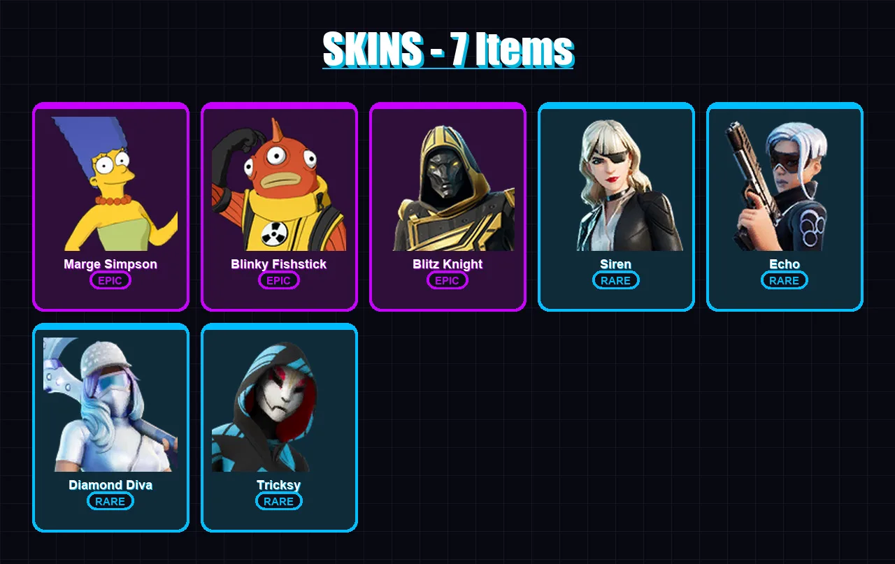 [PC/PSN] | Marge Simpson | Blinky Fishstick | Blitz Knight | Siren | Echo | 7 skin | 26 pickaxe | 10 emote | 19 glider | Lv129