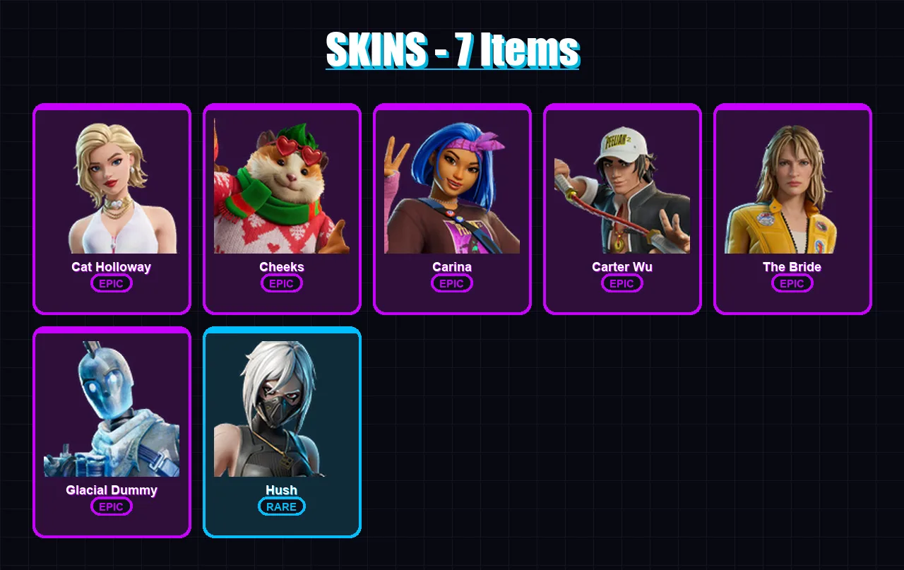 [PC/XBOX/PSN] | Cat Holloway | Cheeks | Carina | Carter Wu | The Bride | 7 skin | 17 pickaxe | 12 emote | 15 glider | Lv68