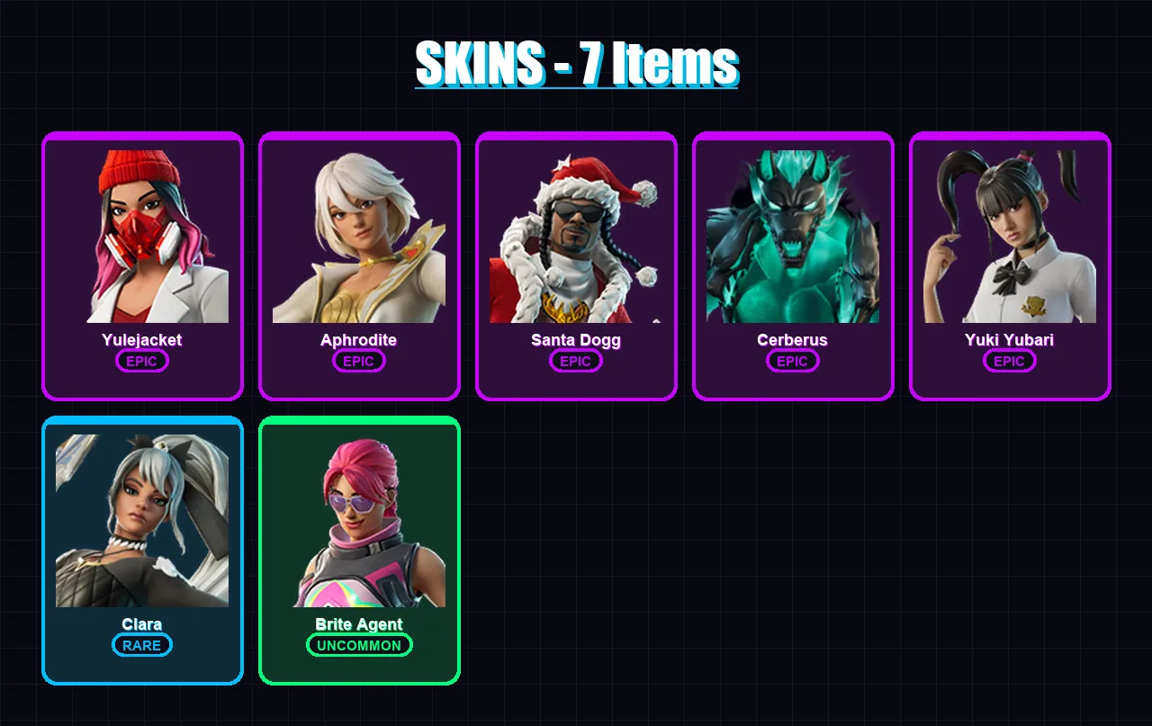 [PC/XBOX/PSN] | Yulejacket | Aphrodite | Santa Dogg | Cerberus | Yuki Yubari | 7 skin | 22 pickaxe | 14 emote | 15 glider | Lv259